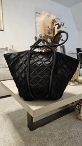 Venezia Black Fur Shoulder Tote Bag - Luxury Quilted Leather Handbag - Picture 1 of 20