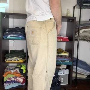 80s Vintage Carhartt Red Insulated Lining Workwear Baggy Pants Tan Size 38 - Picture 1 of 9