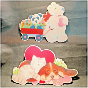 2 Vintage Valentinstag Stanzdeko Kätzchen Bär Hund Herz 80er Jahre - Bild 1 von 11