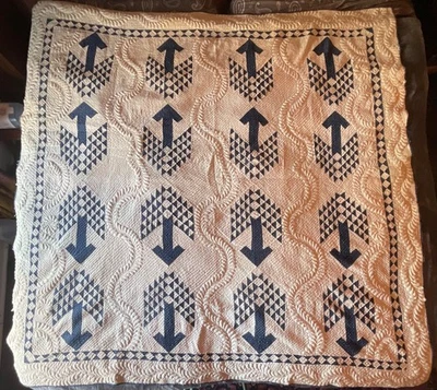 Antique Patchwork Quilt 1850’s Era Pine Tree Hand Quilted Blue and White - Image 1 of 4