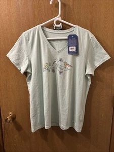 Life Is Good Birds On Butcher Bike Womens Short Sleeve V-neck T shirt Medium - Picture 1 of 5