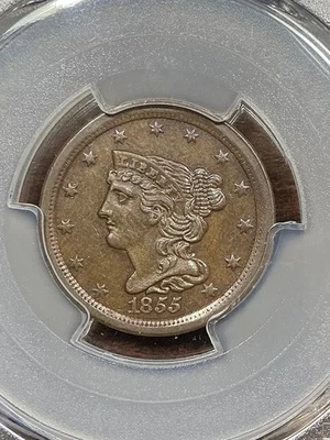 PCGS AU58 1855 CABELLO TRENZADO MEDIO CENTAVO MUY BONITO COLOR Y TIPO MONEDA Foto 1 de 3