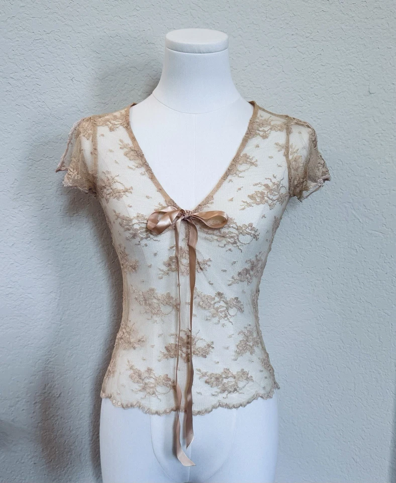 Shameless Size S Beige Lace Top With Ribbon Detail Coquette Whimsy Fairy - Image 1 of 4