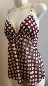 VTG Y2K Baby Doll Cami Lace Bow Boho Polka Dot Top Sz Med Burgundy Sheer New - Picture 1 of 7