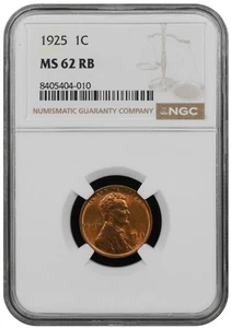 1925 Lincoln cent graded by NGC MS 62 RB - Picture 1 of 2
