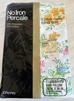 NOS 复古 JC Penney Juliet 2 King 枕套花卉无铁 Percale 密封 — 第 1/2 张图片