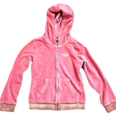 JUICY COUTURE Girls 7 Pink Velour Zip Hoodie Bling Cuffs & Logo Waistband - Image 1 of 4
