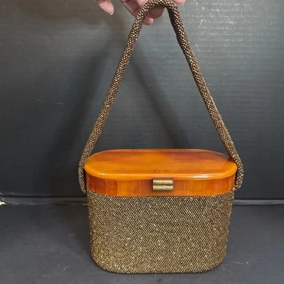 Bolso de mano de bronce con caja ovalada de los años 40 con tapa de tortuga lucita/baquelita Foto 1 de 4