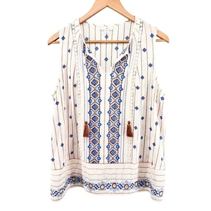 J. Jill Lilah Texture Embroidered Blouse Sz M Sleeveless Boho Tassel Lace Insets - Picture 1 of 13