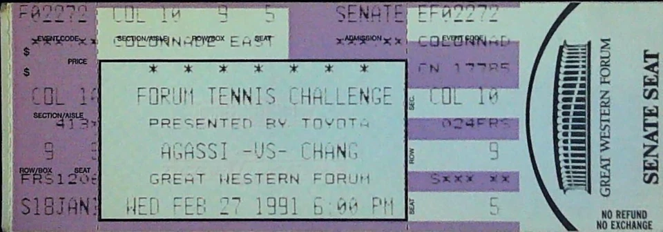 Boleto Agassi Chang Forum Tennis Challenge sin usar 27/02/1991 Inglewood CA Foto 1 de 2