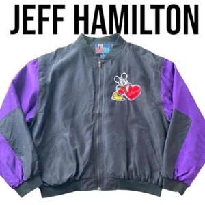 JH Design Jeff Hamilton Disney Silk Bomber Jacket Black Purple Size L Vintage!!! - Picture 1 of 9