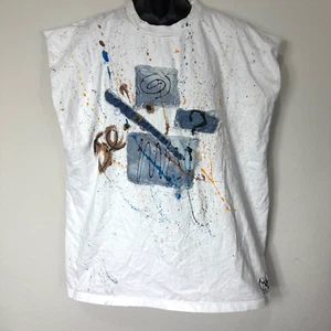 T-shirt Boom X bianca maglietta tagliata uomo taglia 3XL - design denim dipinto - Foto 1 di 10