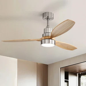 52IN Nickel & Solid Wood Blades Ceiling Fan with Dimmable LED Light/Quiet DC US - Picture 1 of 13