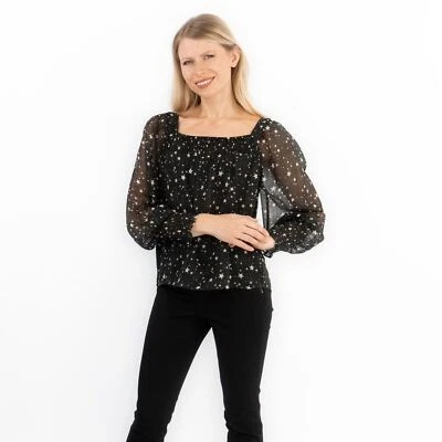 Womens NEXT Top Black Silver Chiffon Star Foil Layer Occasion Party Puff Sleeve - Image 1 of 4