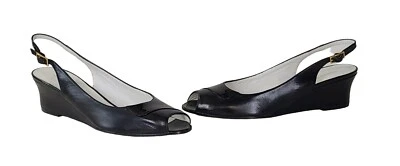 BRUNO MAGLI $325 Black Leather & Patent Slingback Wedge Sandals Sz 8 - Image 1 of 4