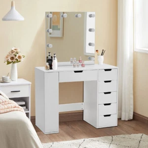 Modern Dressing Table Set with Large LED Mirror and 6 Drawers Wood Makeup Desk - Picture 1 of 14