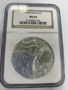 1998 $1 Silver American Eagle NGC Certified MS69 - Brown Label -1 oz .999 Silver - Picture 1 of 2