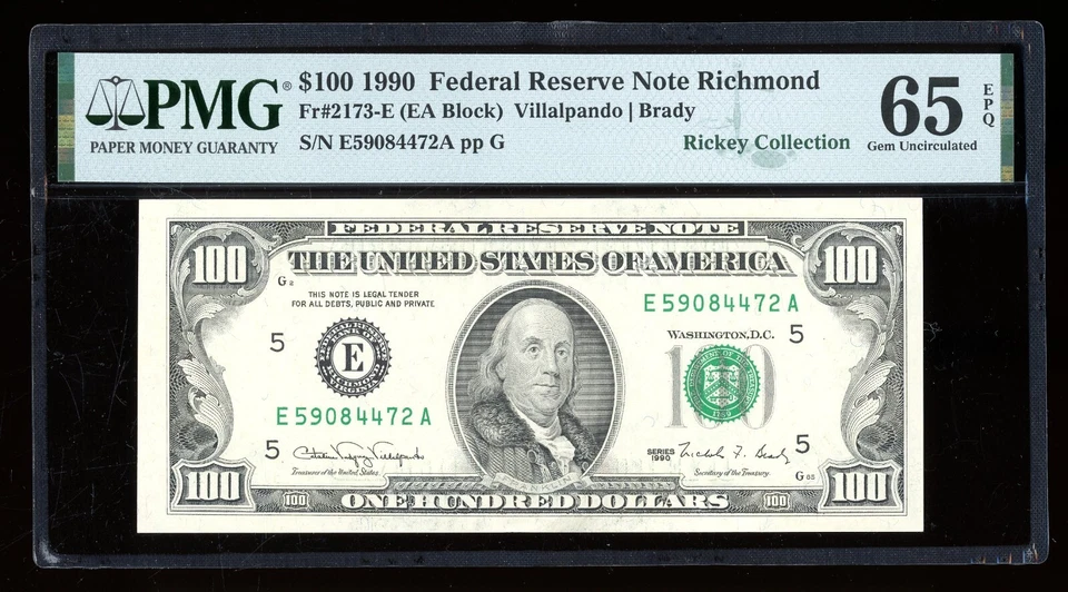 DBR 1990 $100 FRN Gem Richmond Fr. 2173-E PMG 65 EPQ Serial E59084472A - Image 1 of 2