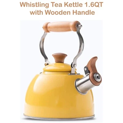 Tetera Whistling de acero inoxidable 1,5 L/1,6 QT tetera amarilla con mango de madera Foto 1 de 4