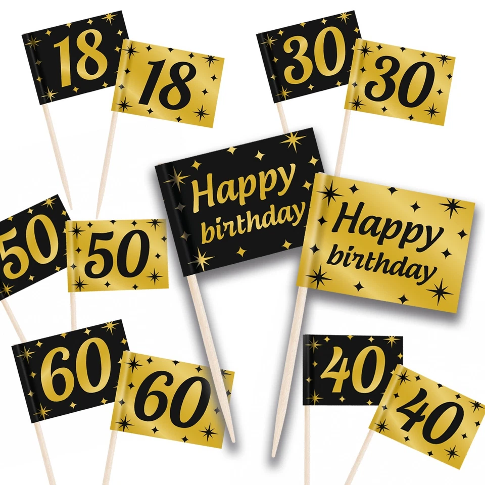 50 Partypicker Gold Schwarz Zahl Deko Picker Zahnstocher Fahne Geburtstag Party - Bild 1 von 1