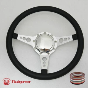 14" Polished Billet Steering Wheel Full Leather Wrap Horn Button Chevelle GTO - Picture 1 of 3