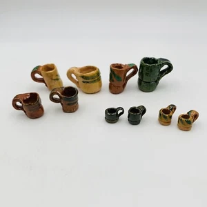 Mexican Pottery Miniature Mugs Pitcher Clay Dollhouse Primitive Green Lot Of 10 - Picture 1 of 23