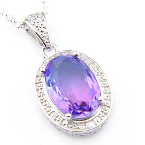  Oval 16.6Cts Purple Amethyst Bi-Color Tourmaline Silver Necklace Pendants 3mm - Picture 1 of 8