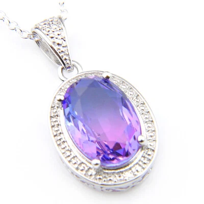  Oval 16.6Cts Purple Amethyst Bi-Color Tourmaline Silver Necklace Pendants 3mm - Image 1 of 4