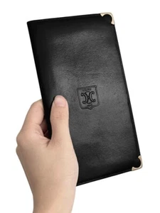 Auth Celine Black Gold Leather Embossed Signature Macadam Design Slim Wallet - Picture 1 of 6