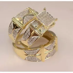 2Ct Round Cut Real Moissanite Engagement Trio Ring 14K Yellow Gold Plated Silver - Picture 1 of 6