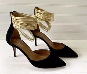 Zapatos de salón Aquazzura Hello Lover negros de gamuza dorada con correa al tobillo talla 37 7 - Imagen 1 de 15