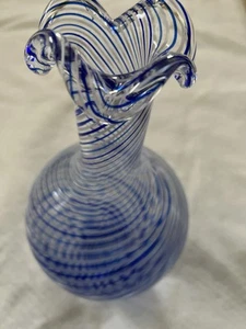Murano Style Mezzanine Kilograms Blown Art Glass Vase Blue/White Stripes - Picture 1 of 20