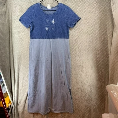 Studio Ease Womens 10 Denim Midi Dress Blue Coastal Sea Shore Short Sleeve Vint - Image 1 of 4