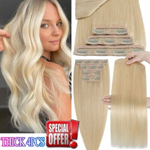 Real THICK Double Weft Clip In Remy Human Hair Extensions 4PCS Full Head Blonde# - Picture 1 of 40