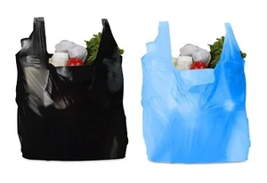 Plastic Vest Style Carrier Bags Black / Blue Reusable Carry Bag for Supermarket - Picture 1 of 31