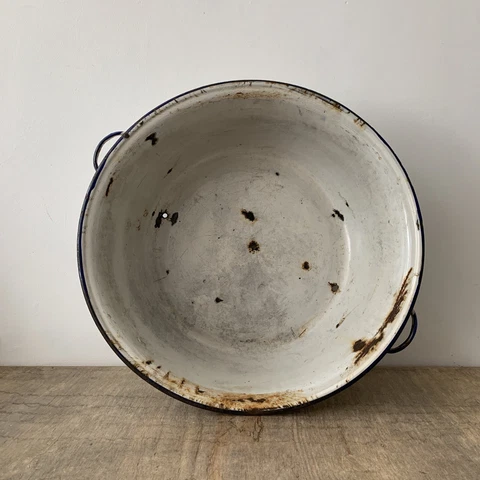 Vintage Large Enamel Bowl Blue White Wash Basin Planter Plant Pot Rustic Decor Cover