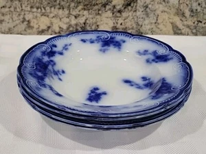 4 Antique W. H. Grindley 8.75" SOUP BOWLS Flow Blue Marechal Neil Porcelain - Picture 1 of 11