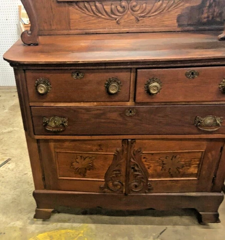 Antique Arts & Crafts Sideboard/Buffet w/ Hand-Carved Motifs Cover