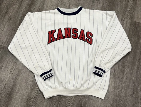 VINTAGE Kansas Jayhawks Sweatshirt Adult Large White Pinstripe Mens 90s Cover