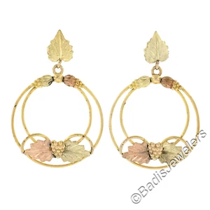 10k Two Tone Gold Etched Textured Grape Leaf Open Circle Drop Dangle Earrings - Picture 1 of 4