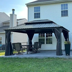 SHPAI 10’x14’ Outdoor Aluminum Hardtop Gazebo,w/ Curtains and Netting, Grey - Picture 1 of 9