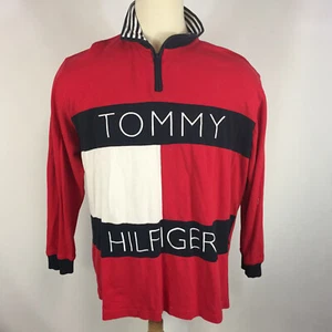 Rare Vintage 90s Grunge Color Block Flag Big Logo Tommy Hilfiger Spell Out Shirt - Picture 1 of 8