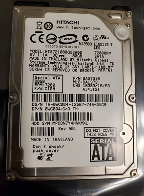 Hitachi 80GB HTS721080G9SA00 2.5" SATA 7200 RPM Hard Drive HDD W/ Disk Report - Image 1 of 3
