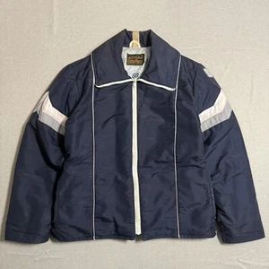 80s Vintage Eddie Bauer Puffer Jacket Goose Down Medium Blue Striped White  - Picture 1 of 24