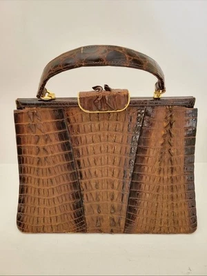 Unique Vintage Crocodile Alligator Skin Clutch Purse Handbag Brown Leather - Image 1 of 4