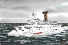ORYGINALNA AKWARELA - Statek pasażerski T.S. "Hamburg" w ciężkim jeziorze.
