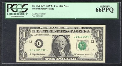 FR. 1925-L* 1999 $1 *STAR* FRN SAN FRANCISCO, CA PCGS GEM UNCIRCULATED-66PPQ (B) - Image 1 of 2