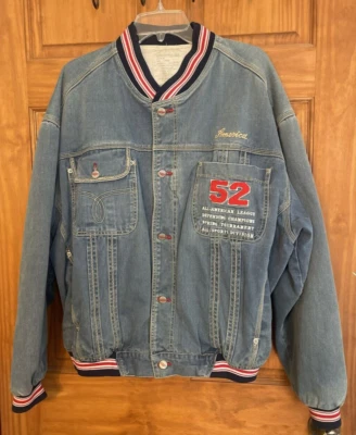 Vintage 80s Mens Jean Bomber Jacket Sz LRG USA Patriotic Made Sports 100% Cotton - Image 1 of 4