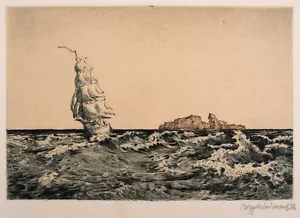 Antike deutsche Farbradierung, Bruno Goldschmitt (1881-1964), Segelschiff, 1923 - Bild 1 von 8