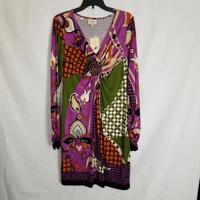 NUEVO CON ETIQUETAS By Eci Para Mujer Favorecedor Multicolor Cuello en V Afectado Muñeca Vaina Vestido Talla 12 Foto 1 de 4